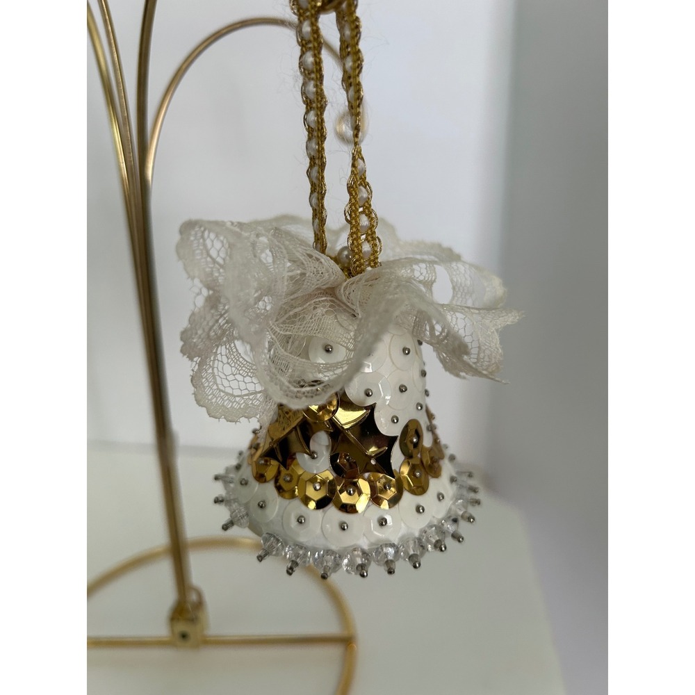 Christmas Push Pin Ornament White Gold Sequin Lace Beaded Handmade Collectible